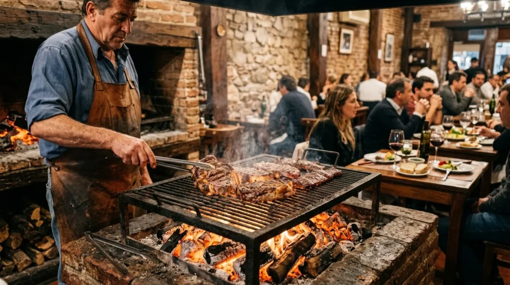 Guia gastronômico sobre onde comer em Buenos Aires com carne nobre assada em parrilla tradicional argentina.