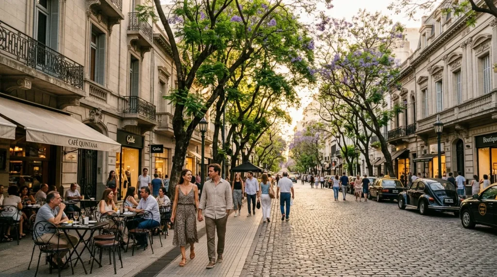 Guia de onde ficar em Buenos Aires mostrando as elegantes ruas arborizadas da Recoleta com arquitetura clássica.