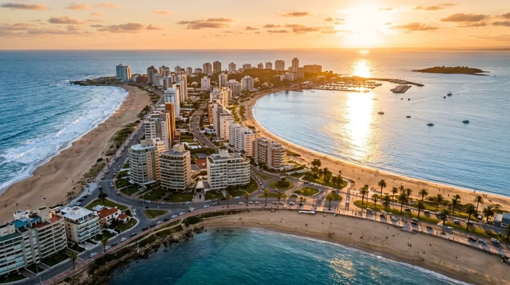 Vista panorâmica litorânea mostrando onde ficar em Punta del Este durante o pôr do sol com hotéis modernos.