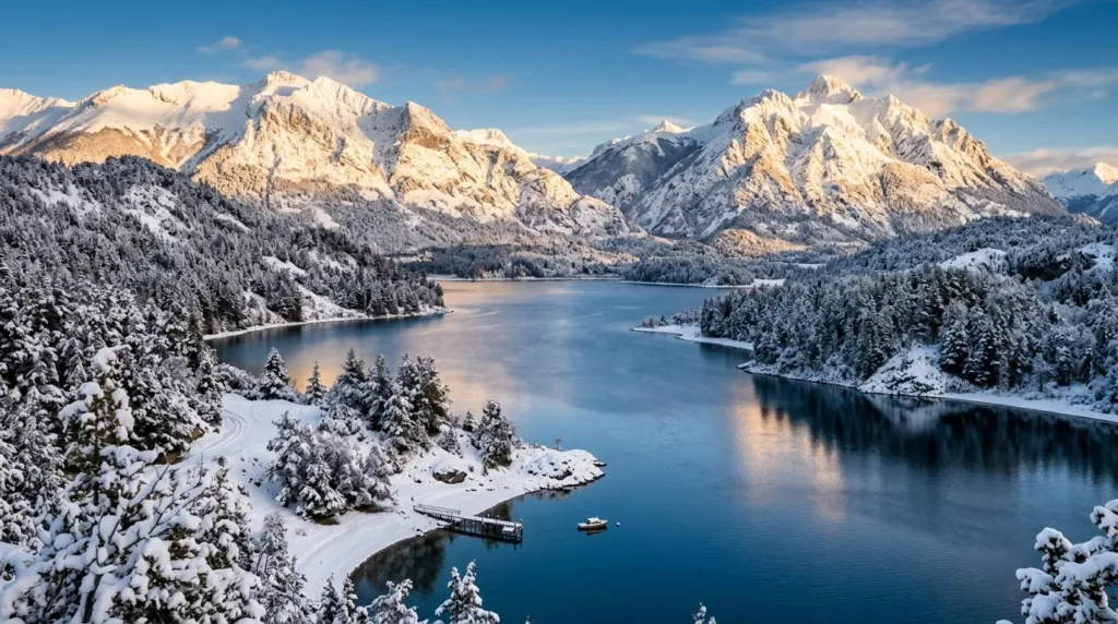 Paisagem montanhosa deslumbrante com bariloche neve cobrindo picos andinos e florestas de pinheiros.
