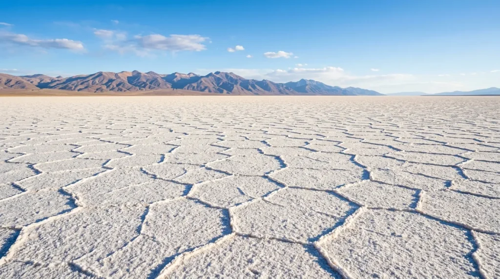 Paisagem deslumbrante das Salinas Grandes Salta Argentina com padrões geométricos de sal e céu azul.