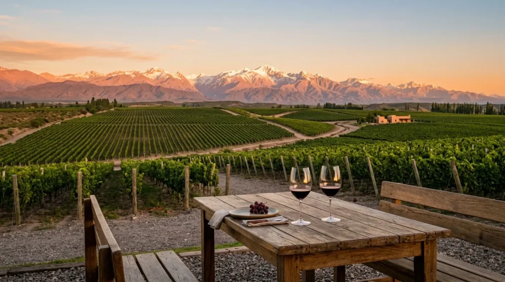 Paisagem deslumbrante de vinícolas em Mendoza com vista para os Andes ao entardecer.