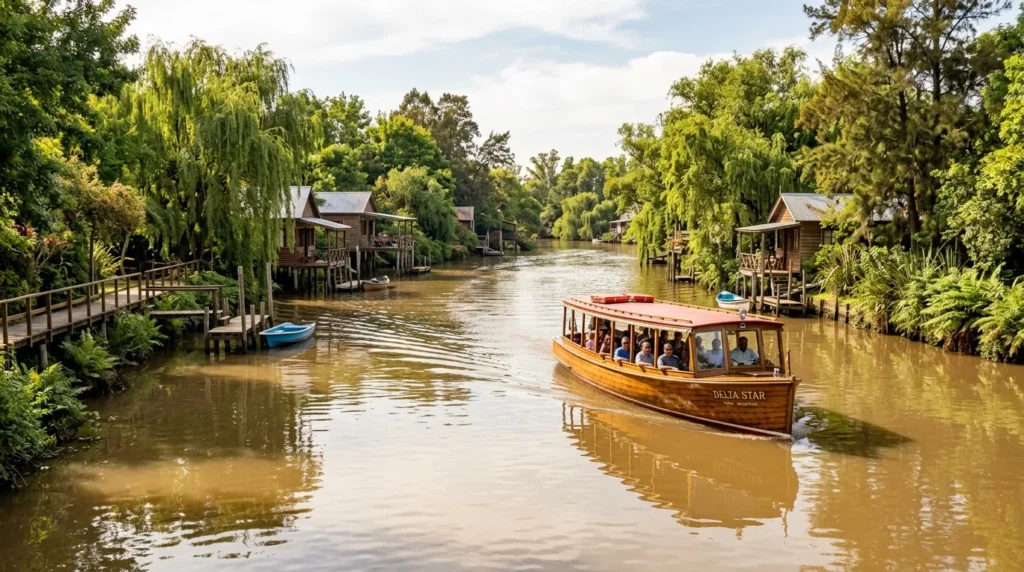 Passeio de barco pelo Delta do Paraná em Tigre Buenos Aires navegando entre ilhas e vegetação verde.