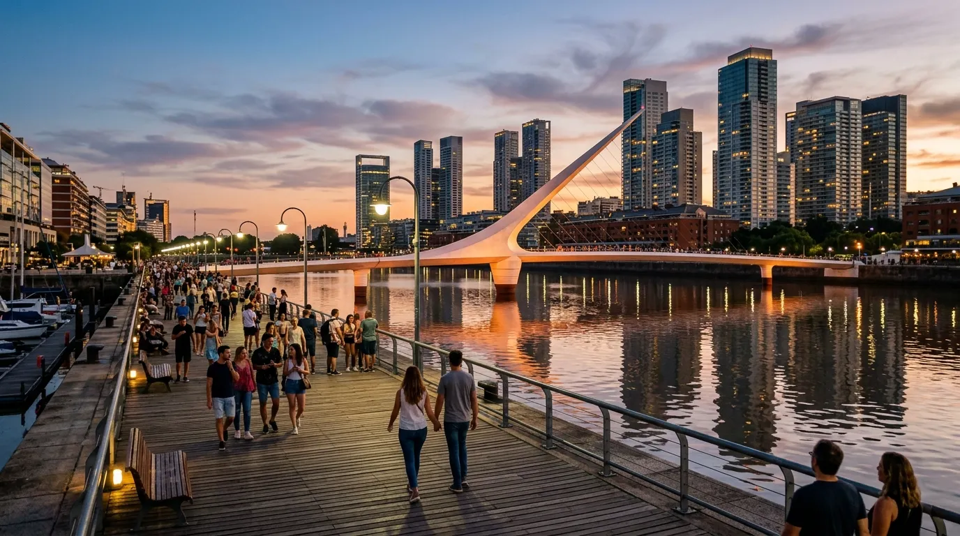 Passeio ao entardecer em Puerto Madero mostrando o que fazer em Buenos Aires em 4 dias sem pressa.
