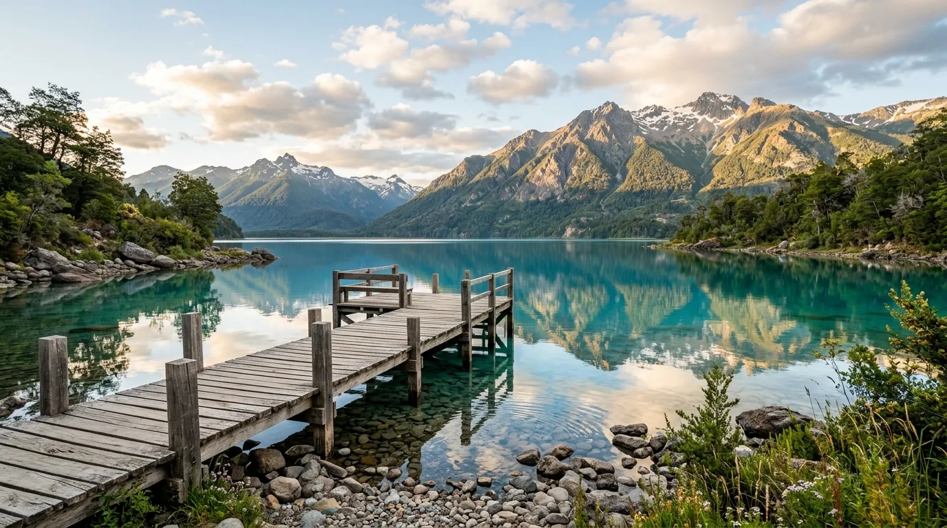 Pier de madeira e aguas cristalinas em parada da Rota dos 7 Lagos na regiao de Bariloche.