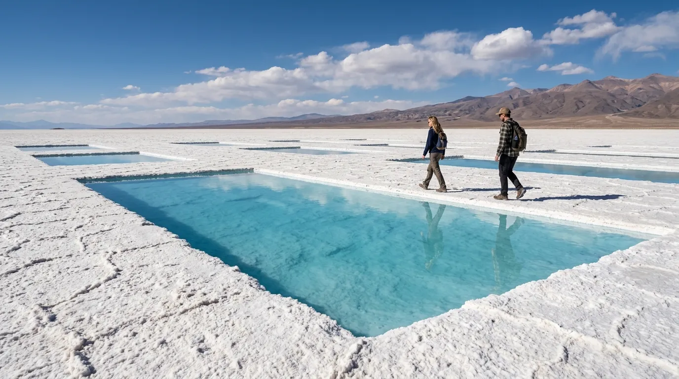 Piscinas de água azul turquesa em Salinas Grandes Salta Argentina refletindo o céu límpido.