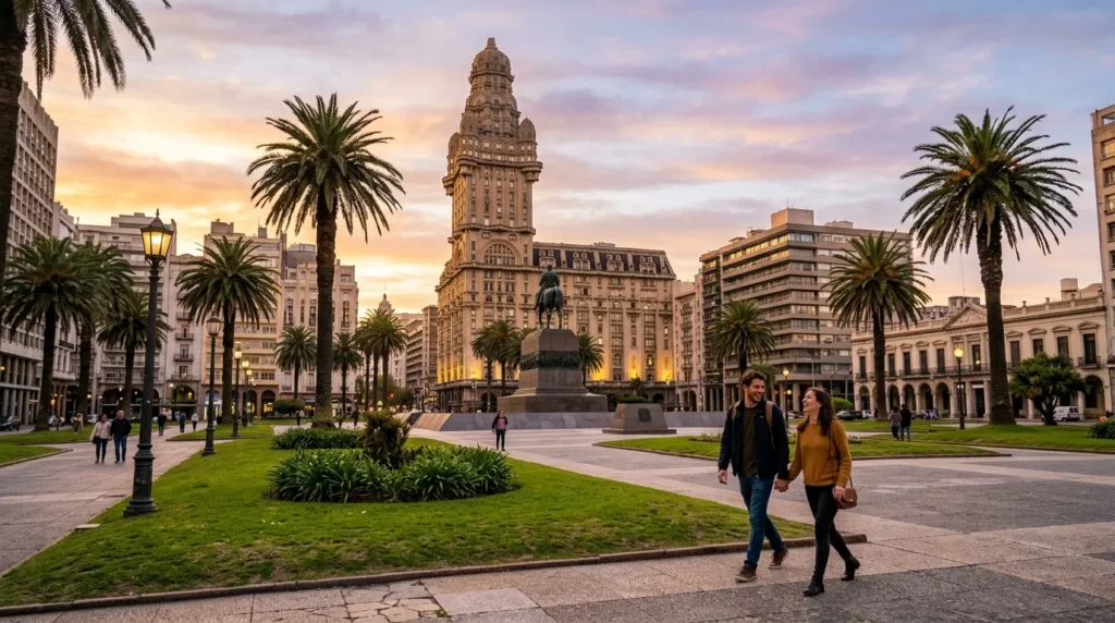 Praça Independência ao entardecer com Palácio Salvo, destacando o que fazer em Montevidéu em viagem.