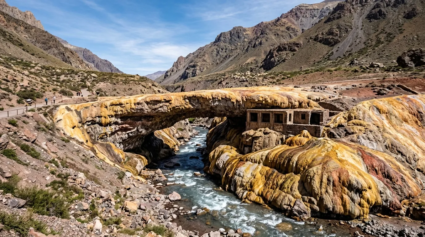 Monumento natural Puente del Inca durante passeio de alta montanha Mendoza revelando formações minerais coloridas