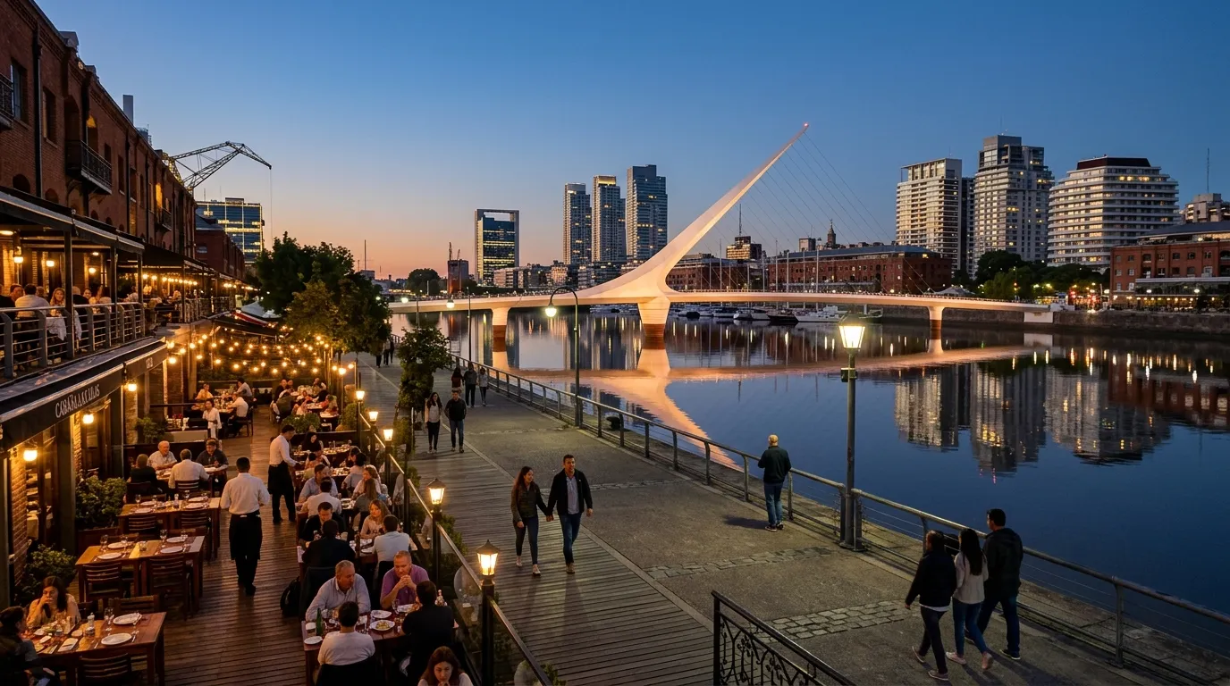Vista noturna de Puerto Madero mostrando o que fazer em Buenos Aires em 5 dias de passeio completo.