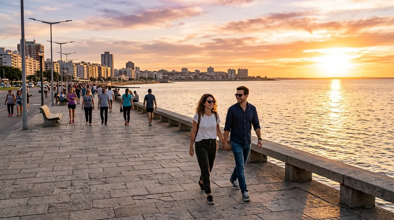 Passeio pela Rambla costeira ao pôr do sol, ótima dica sobre o que fazer em Montevidéu.