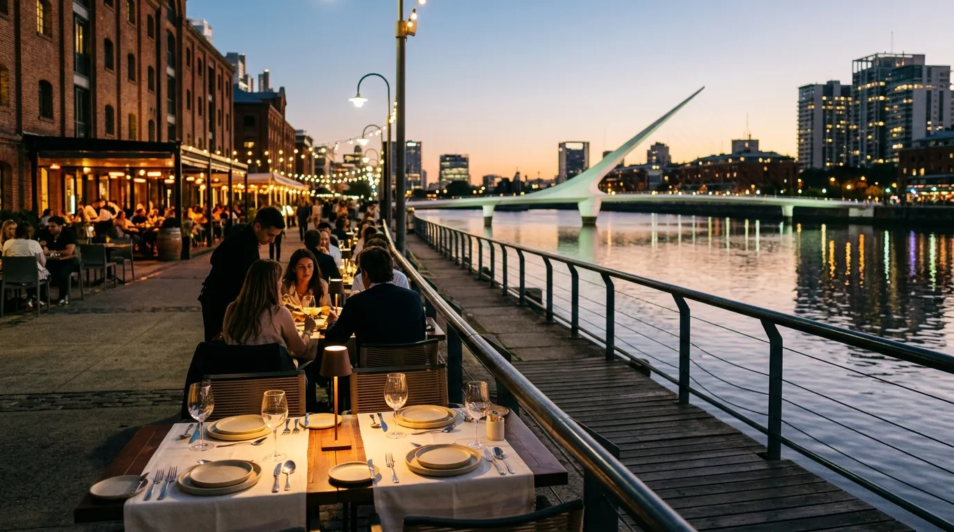 Jantar em Puerto Madero ao entardecer ideal para incluir no roteiro de o que fazer em Buenos Aires em 3 dias.