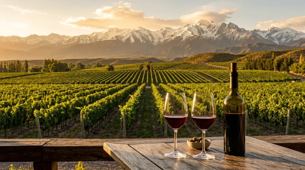 Vista panorâmica de vinhedo com montanhas para um roteiro em Mendoza inesquecível.