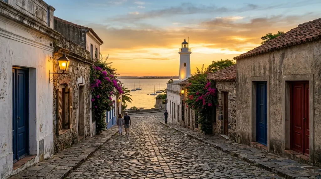 Rua histórica de pedra com farol ao fundo em Colonia del Sacramento durante pôr do sol.
