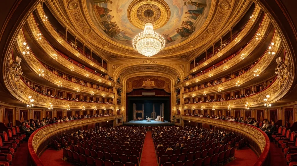 Visão geral da imponente sala principal do Teatro Colón Buenos Aires com poltronas vermelhas e lustres dourados.