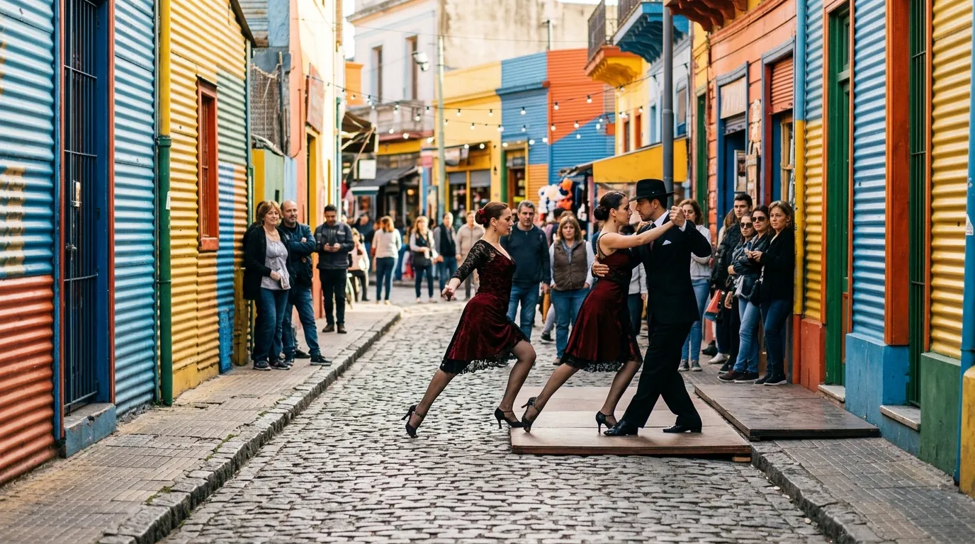 Dançarinos de tango no Caminito mostrando o que fazer em Buenos Aires em 3 dias para vivenciar a cultura local.