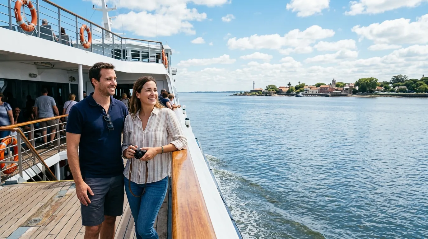 Travessia de barco para Colonia del Sacramento com vista panorâmica do Rio da Prata.