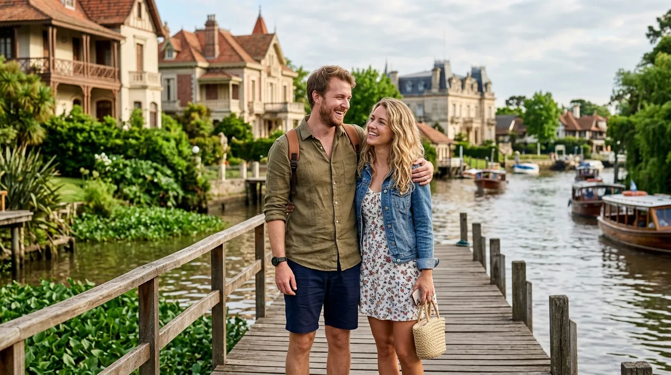 Casal de turistas aproveitando o dia ensolarado em Tigre Buenos Aires às margens do rio.