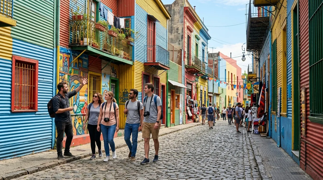 Grupo de turistas fazendo city tour em Buenos Aires pelas ruas coloridas do Caminito.