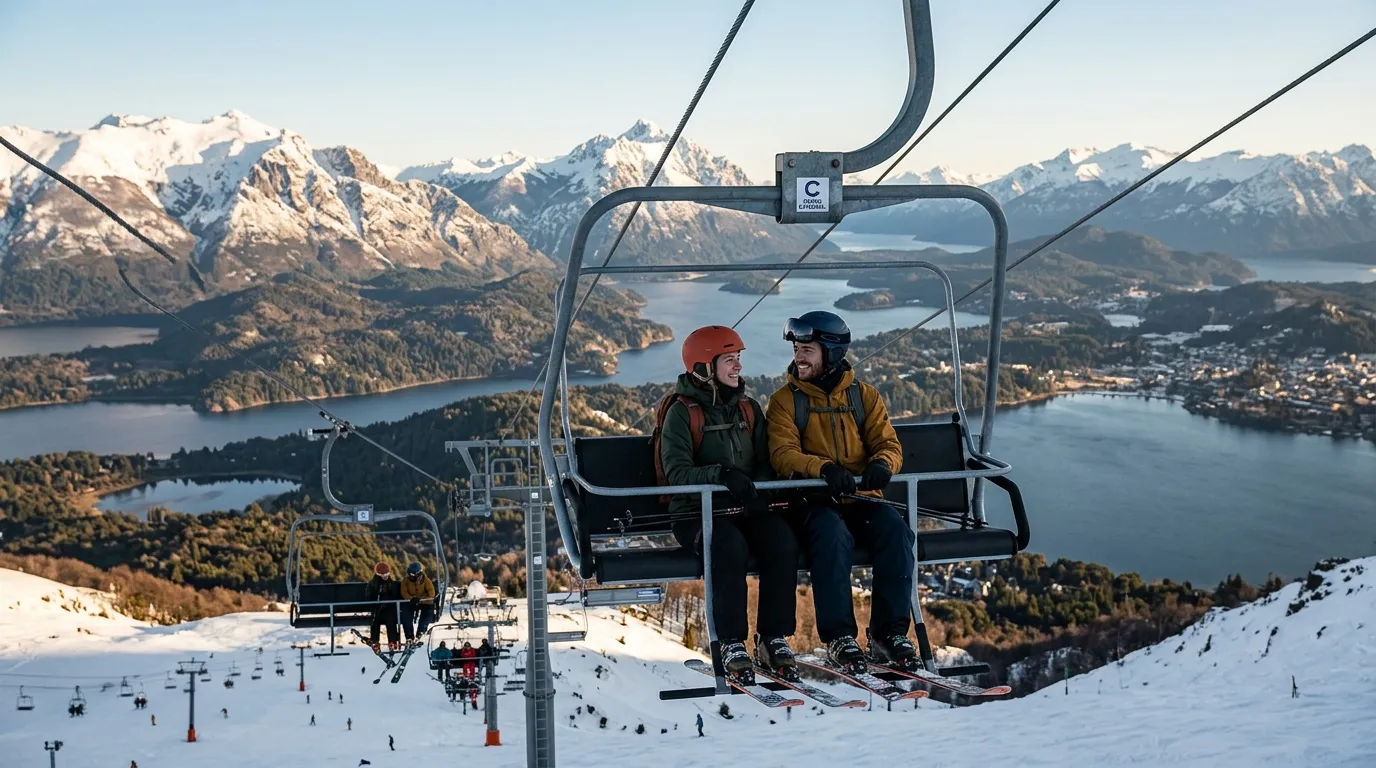Turistas no teleférico subindo as pistas de neve do Cerro Catedral Bariloche com vista para os lagos.