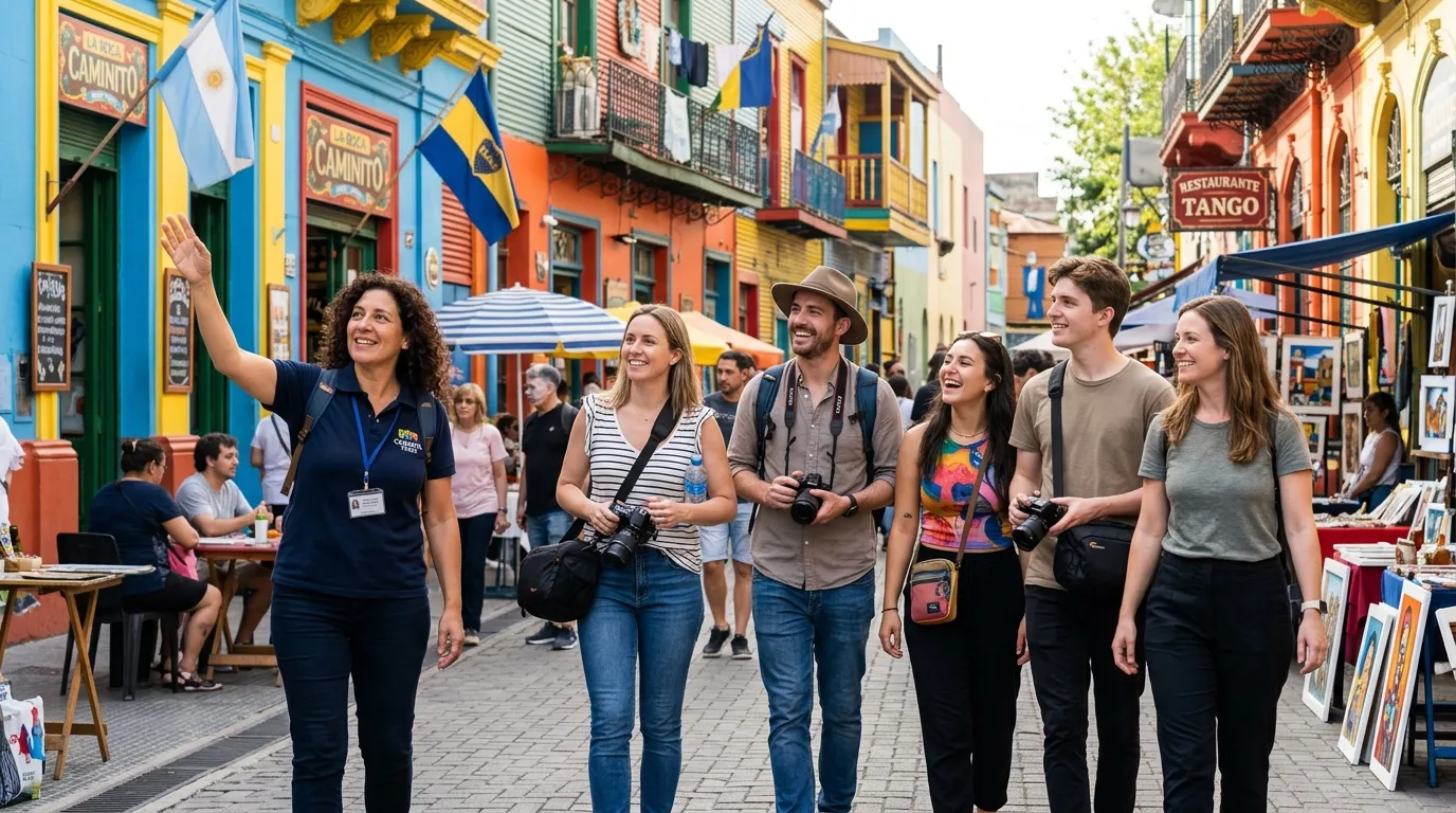Turistas caminhando com seguranca em visita guiada pelo Caminito La Boca.