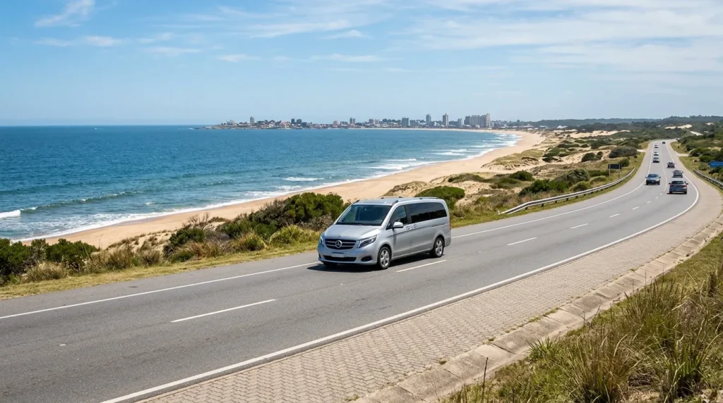 Viagem de Montevidéu a Punta del Este em estrada litorânea panorâmica no Uruguai com vista para o mar.