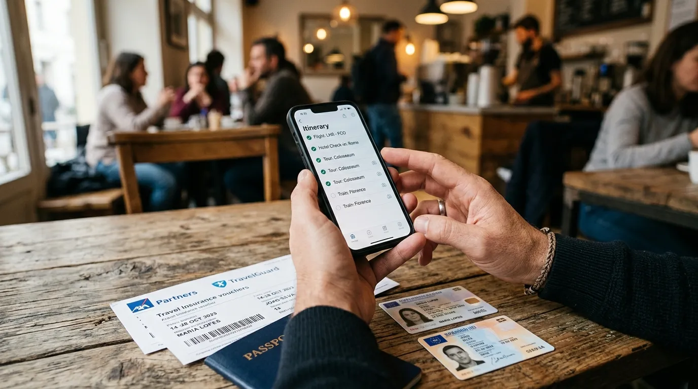 Viajante conferindo documentos para viajar para Argentina e voucher de viagem em ambiente aconchegante.