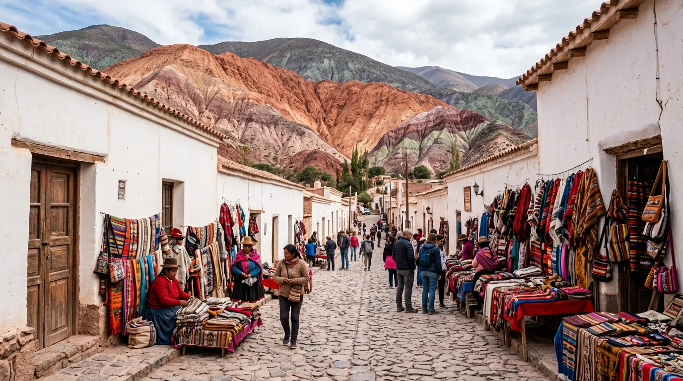 Vila histórica de Purmamarca com artesanato local na Quebrada de Humahuaca.