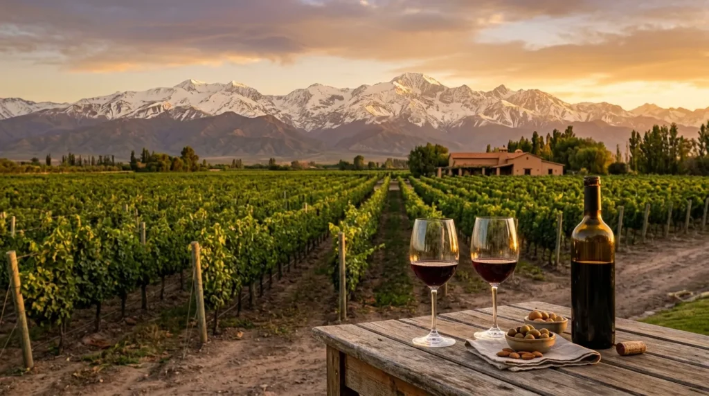 Vinhedo ao entardecer com vista para os Andes ao planejar o que fazer em Mendoza Argentina.