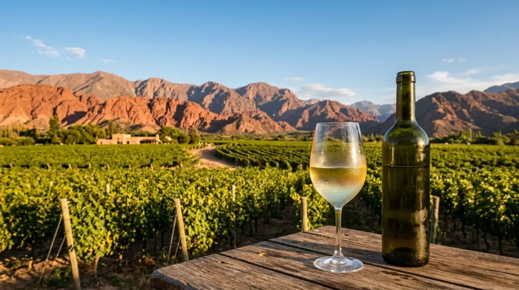 Vinhedos de altitude e taça de vinho branco Torrontés em Cafayate Salta Argentina ao entardecer.