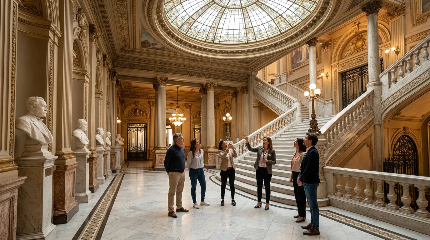 Visitantes apreciando o elegante saguão de mármore do Teatro Colón Buenos Aires durante visita guiada.