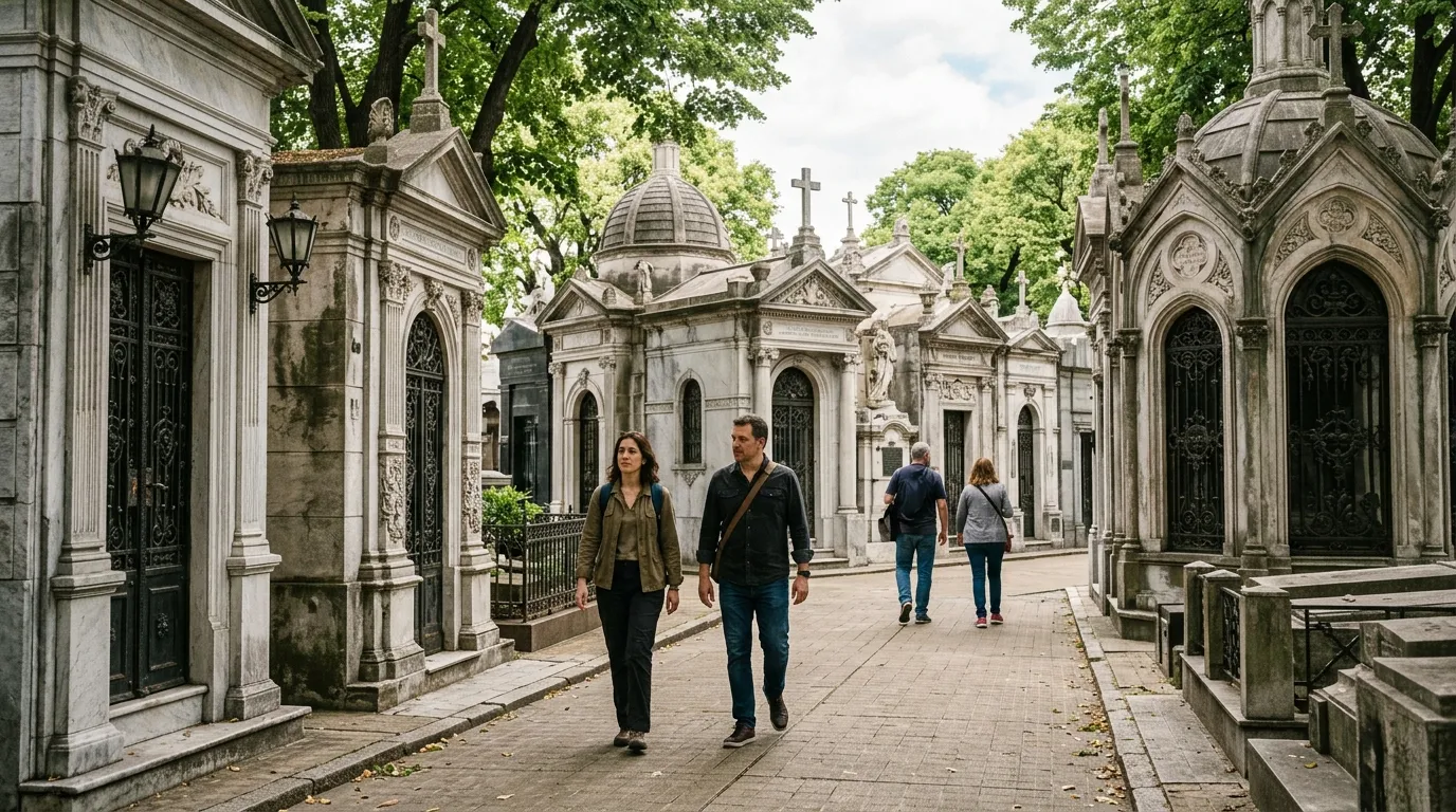 Visitantes caminhando entre alamedas historicas e mausoleus artisticos no cemiterio da recoleta em Buenos Aires.