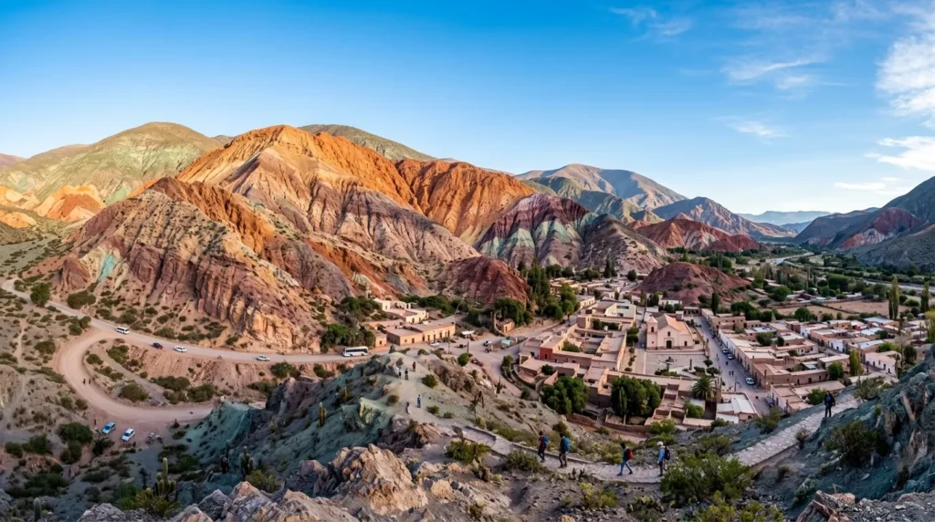 Vista panorâmica do Cerro de Sete Cores na Quebrada de Humahuaca iluminado pela luz da manhã.