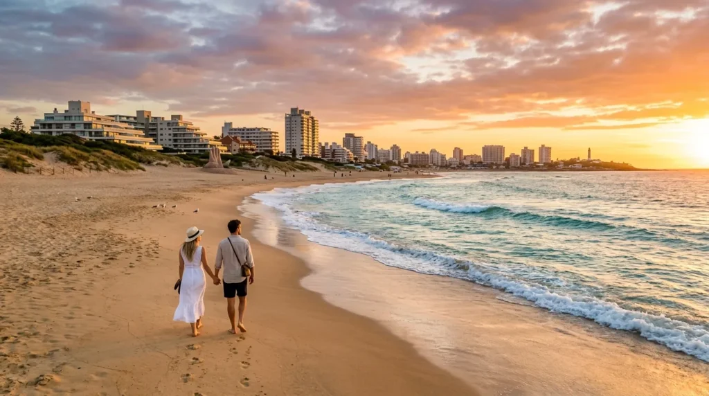 Bela vista ao entardecer revelando as melhores opções de punta del este praias para turistas.
