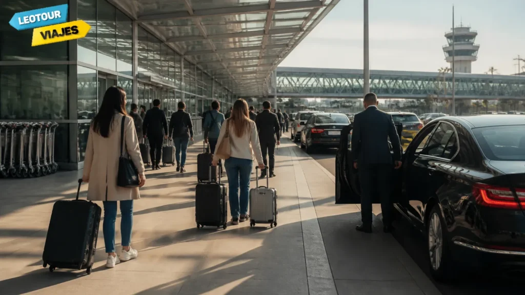Desembarque no aeroporto de Ezeiza com viajantes e opções de transfer para Buenos Aires.