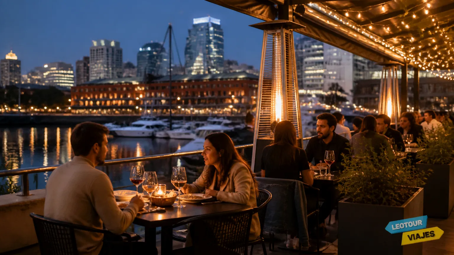 Ambiente noturno acolhedor em restaurante Puerto Madero com iluminação charmosa e vista dos docks.