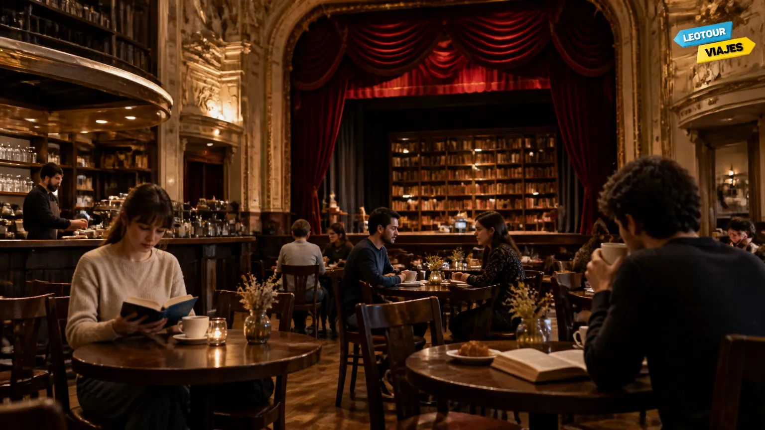 Café histórico no palco da livraria com cortinas vermelhas.