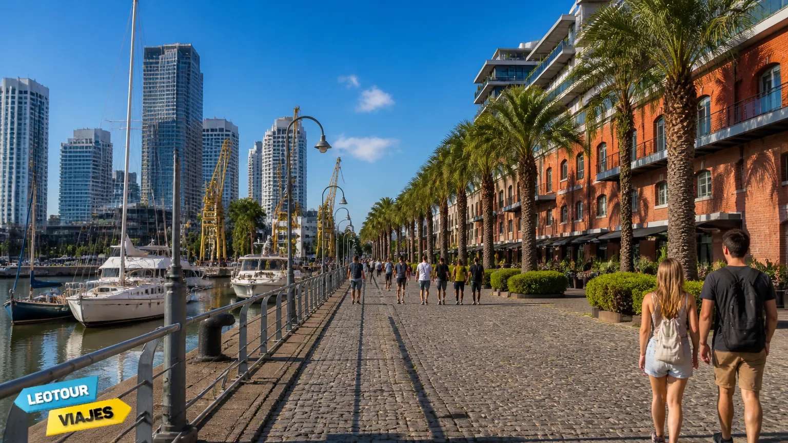 Caminhada pelo calcadao moderno e arborizado de Puerto Madero Argentina.