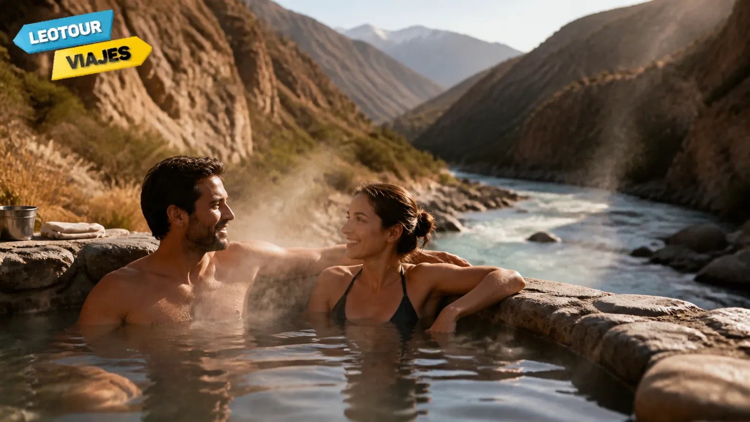 Casal relaxando nas águas termais das com vista panorâmica para o cânion em Mendoza.