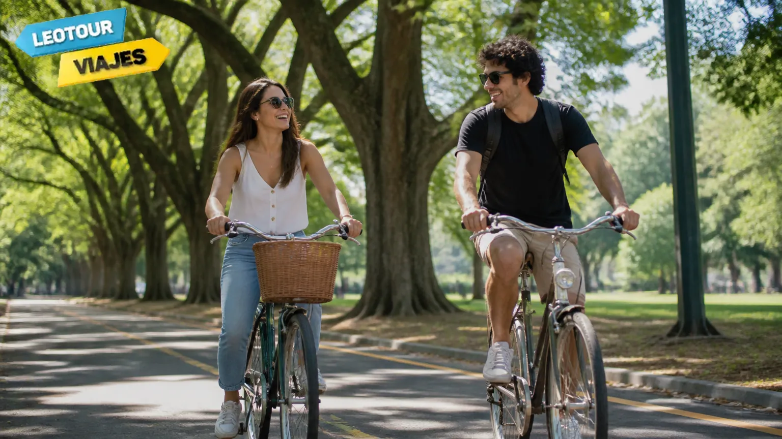 Casal pedalando bicicleta caminhos Bosques de Palermo Buenos Aires natureza.