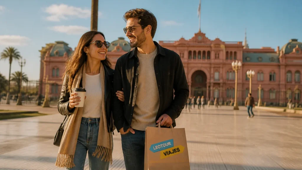 Casal caminhando por Buenos Aires planejando viagem segura com seguro viagem argentina.