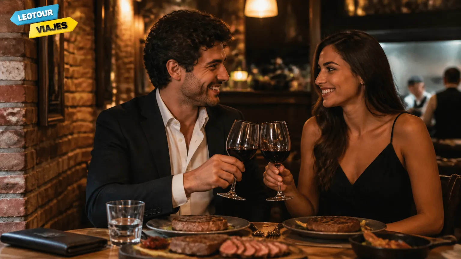 Casal aproveitando jantar sofisticado economizando com câmbio de dólar blue.