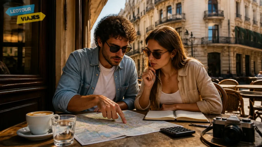 Casal calculando quanto custa viajar para Buenos Aires em cafeteria tradicional ao ar livre.