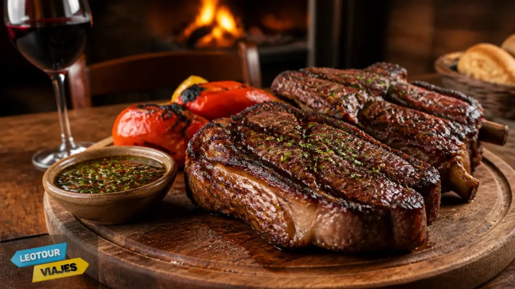 Mesa farta com delicioso churrasco asado, clássico prato da comida tipica argentina.