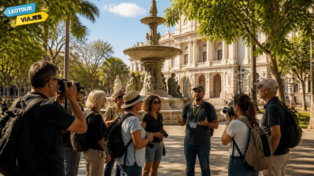 Viajantes aproveitando o city tour Mendoza em praça histórica arborizada com fonte.