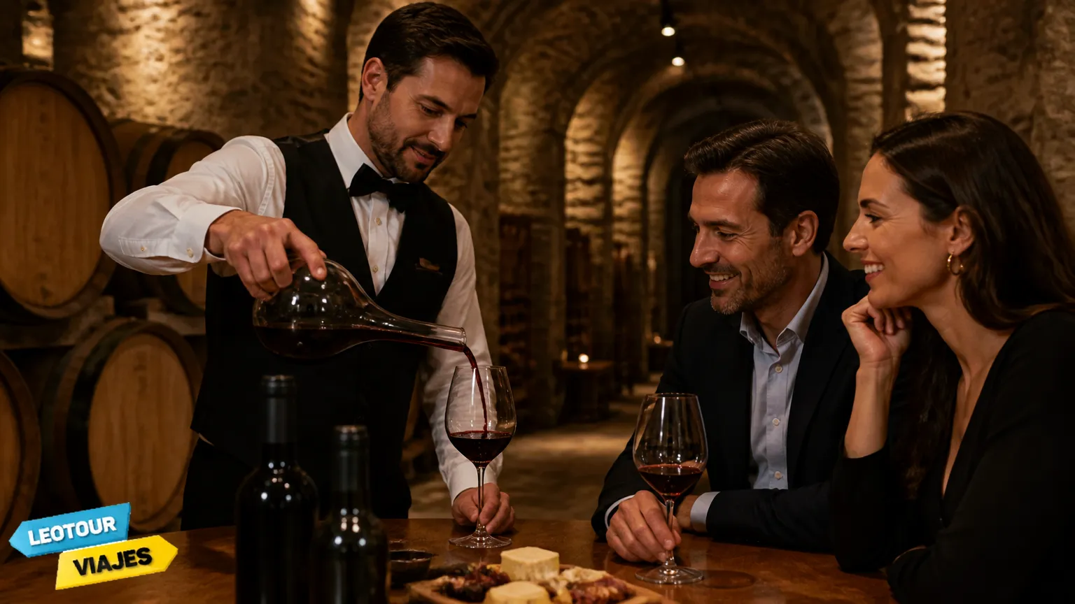 Degustação guiada de vinho argentino em adega tradicional com barris de carvalho.