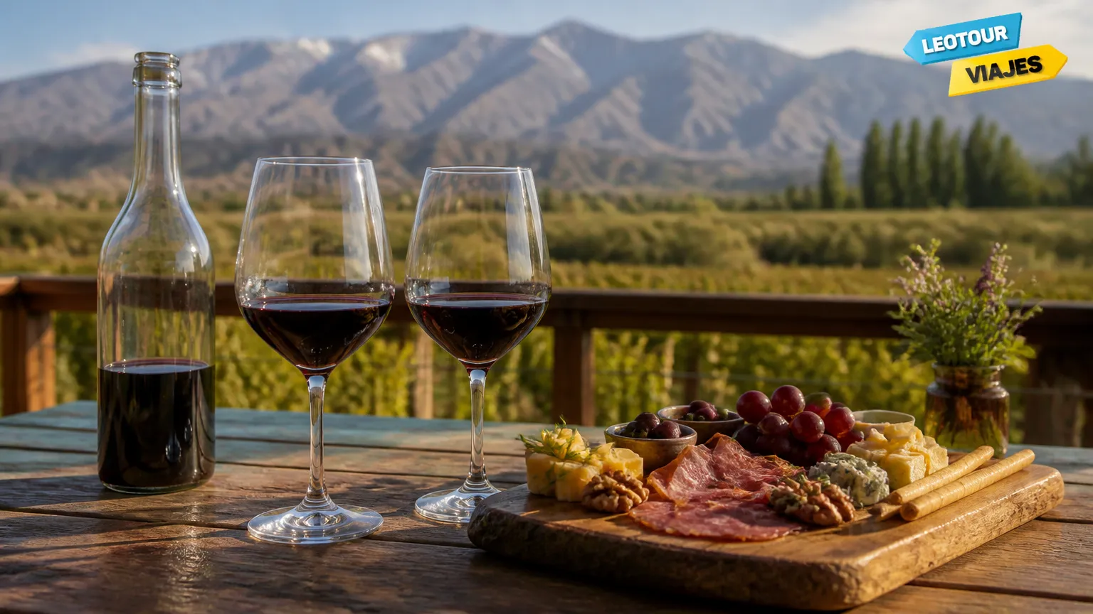 Degustação de vinho tinto em terraço com vista para vinhedos no Valle de Uco.