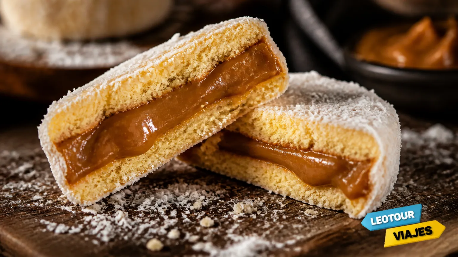 Detalhe de alfajor argentino de maisena cortado com recheio cremoso de doce de leite e coco.