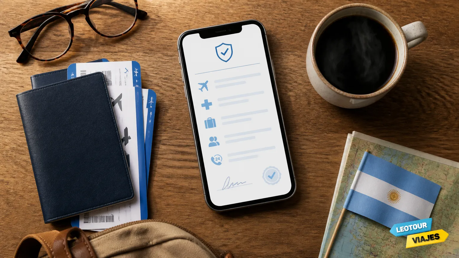 Documentos e smartphone exibindo apolice de seguro viagem argentina sobre mesa.