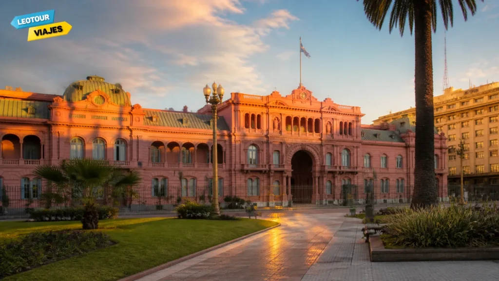 Fachada externa da Casa Rosada iluminada pelo sol de fim de tarde na Plaza de Mayo.