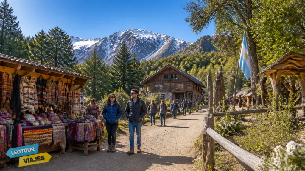 Charmosa feira artesanal em Colonia Suiza Bariloche cercada por chalés de madeira e montanhas andinas.